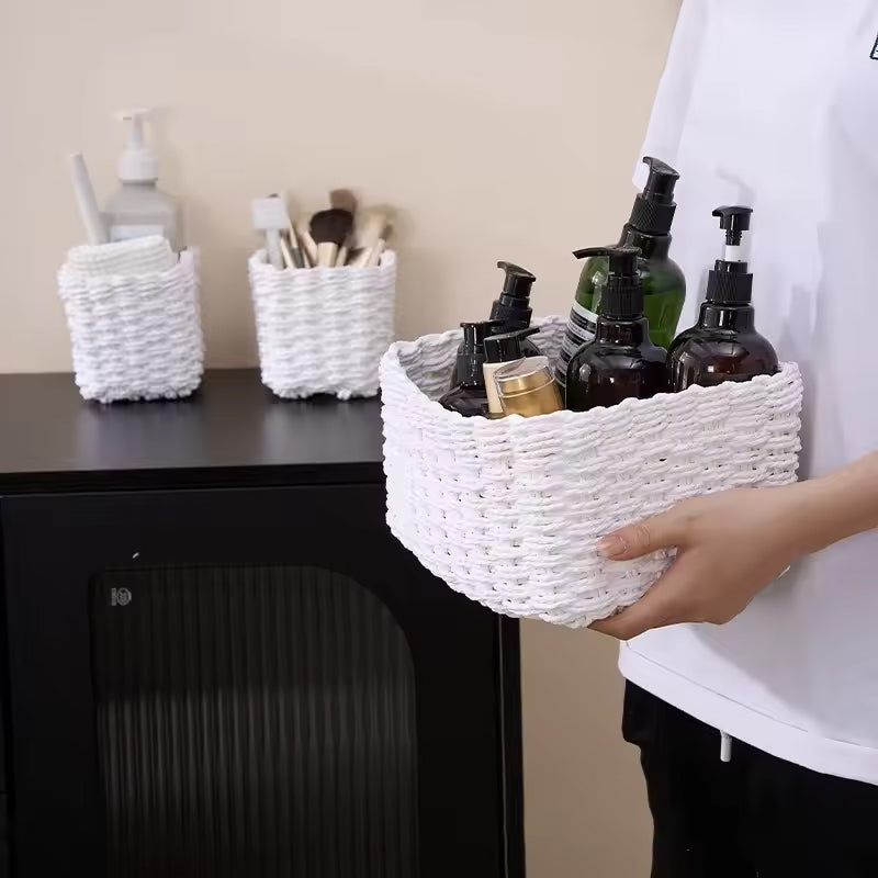 3-Piece Handmade Straw-Woven Paper-Rope Storage Baskets