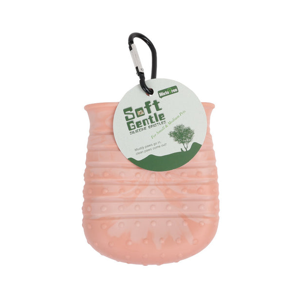 Pink collapsible paw cleaning cup with textured interior and black clip