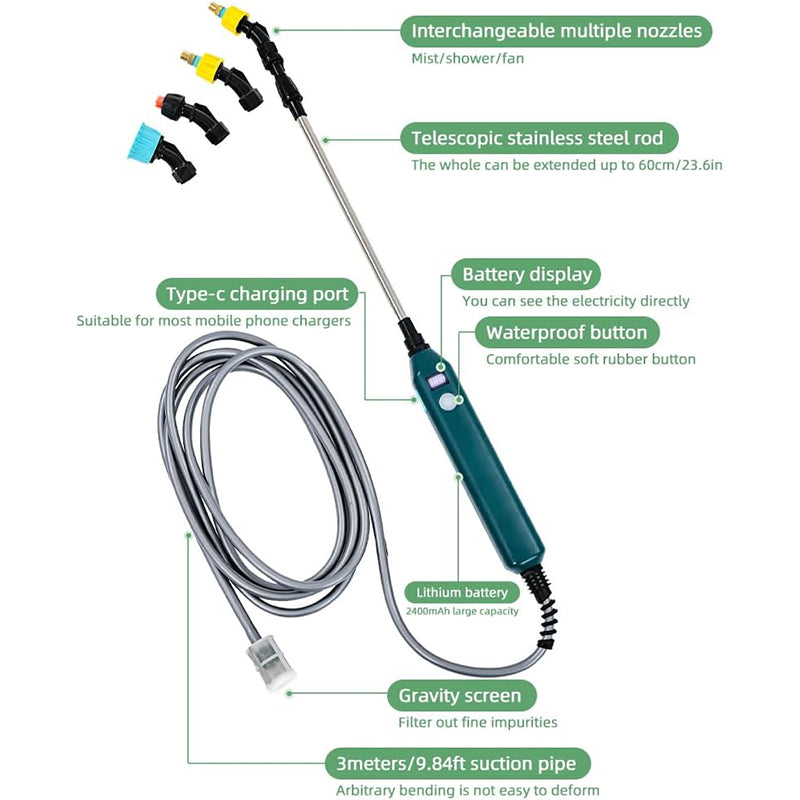 Cordless Garden Sprayer Wand (2400mAh, 3 Nozzles)
