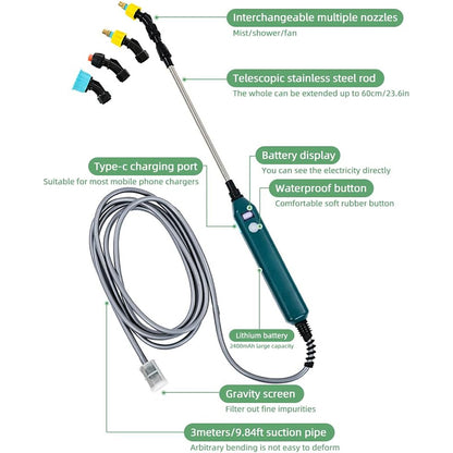Cordless Garden Sprayer Wand (2400mAh, 3 Nozzles)