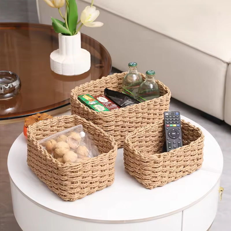 3-Piece Handmade Straw-Woven Paper-Rope Storage Baskets